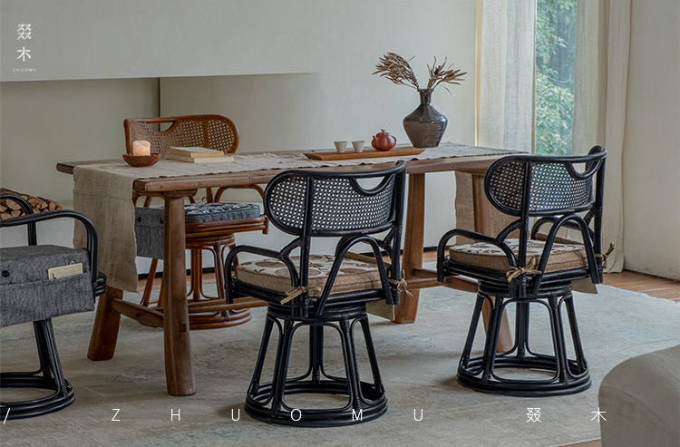 rattan swivel chair, handwoven rattan armchair, rotating rattan chair, vintage rattan seat, bamboo swivel chair, natural rattan furniture, handcrafted rattan lounge chair, tea room chair, dining rattan chair