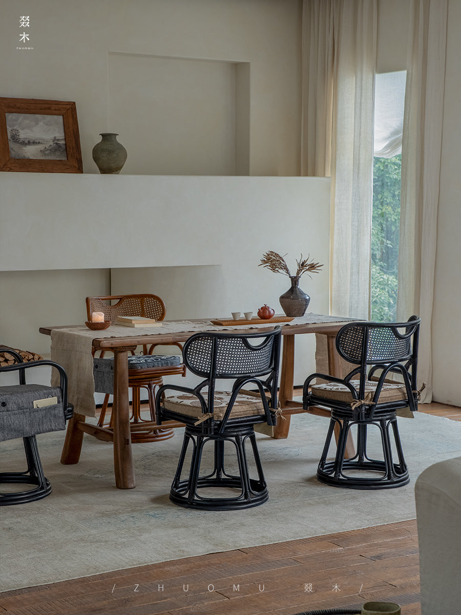 rattan swivel chair, handwoven rattan armchair, rotating rattan chair, vintage rattan seat, bamboo swivel chair, natural rattan furniture, handcrafted rattan lounge chair, tea room chair, dining rattan chair