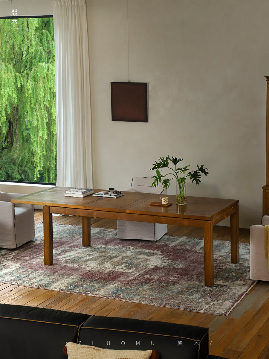 toki dining table, extendable wood table, solid teak furniture, japanese minimalist dining table, handcrafted extendable table, wabi sabi furniture, piexlculpt studio, teak long table, zen furniture, extendable conference table