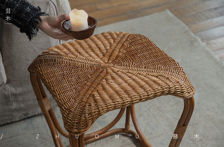 rattan side table, rattan end table, handwoven rattan stool, natural rattan furniture, minimalist rattan table, bamboo accent table, handmade rattan decor, boho rattan furniture, japanese wabi-sabi decor, artisan rattan stool