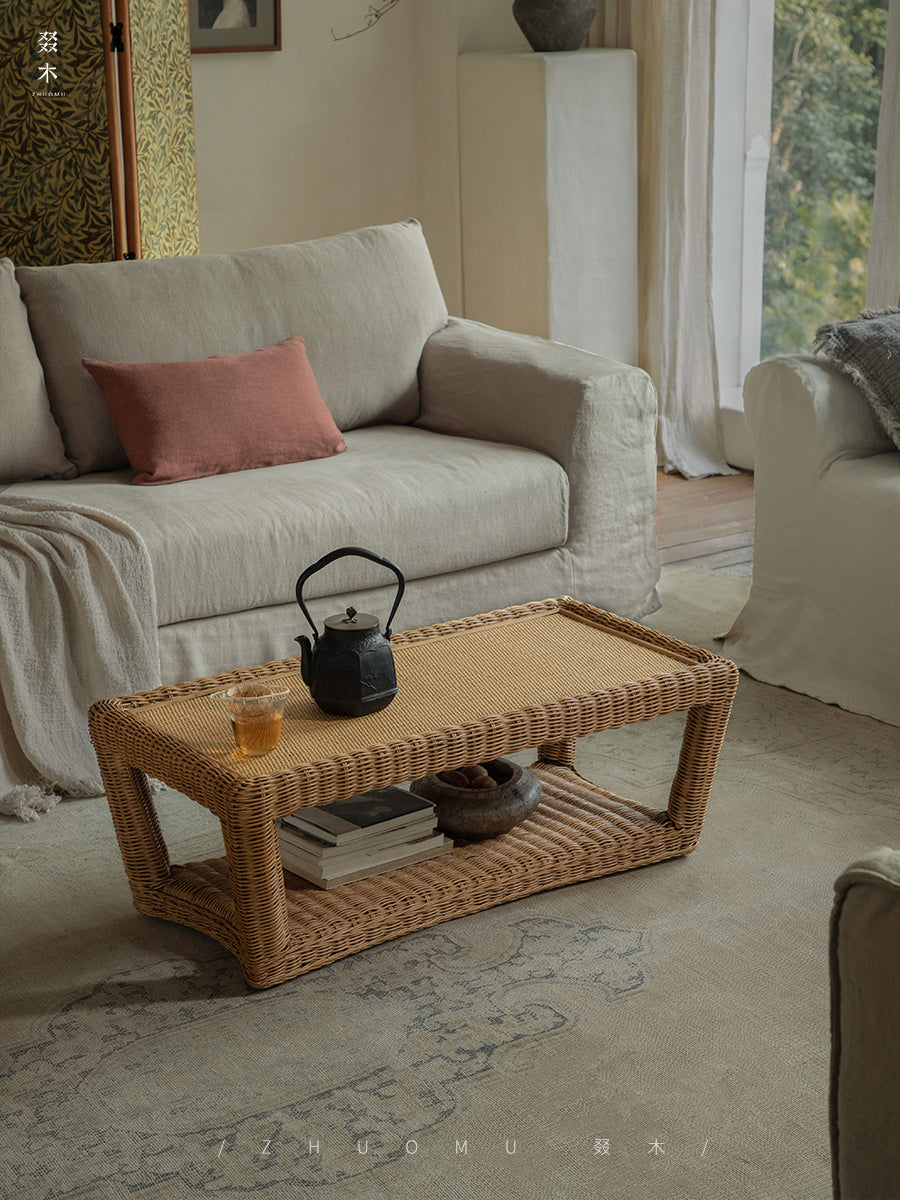 rattan coffee table, rattan tea table, handwoven rattan furniture, bamboo table, natural rattan decor, double layer coffee table, japanese wabi-sabi furniture, handcrafted rattan table, boho living room decor
