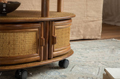 rattan tea table, rattan side table, rolling rattan cart, handwoven rattan furniture, vintage bamboo cart, natural rattan storage, bohemian furniture, artisan rattan table, living room tea cart, Japanese style rattan table