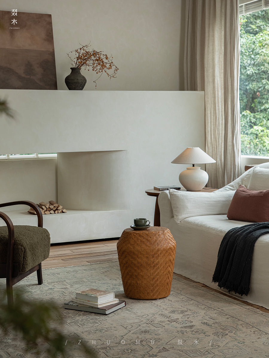 rattan side table, round rattan table, rattan stool, handwoven rattan furniture, bamboo accent table, natural rattan decor, boho rattan furniture, artisan rattan table, southeast asian furniture, japanese wabi-sabi decor