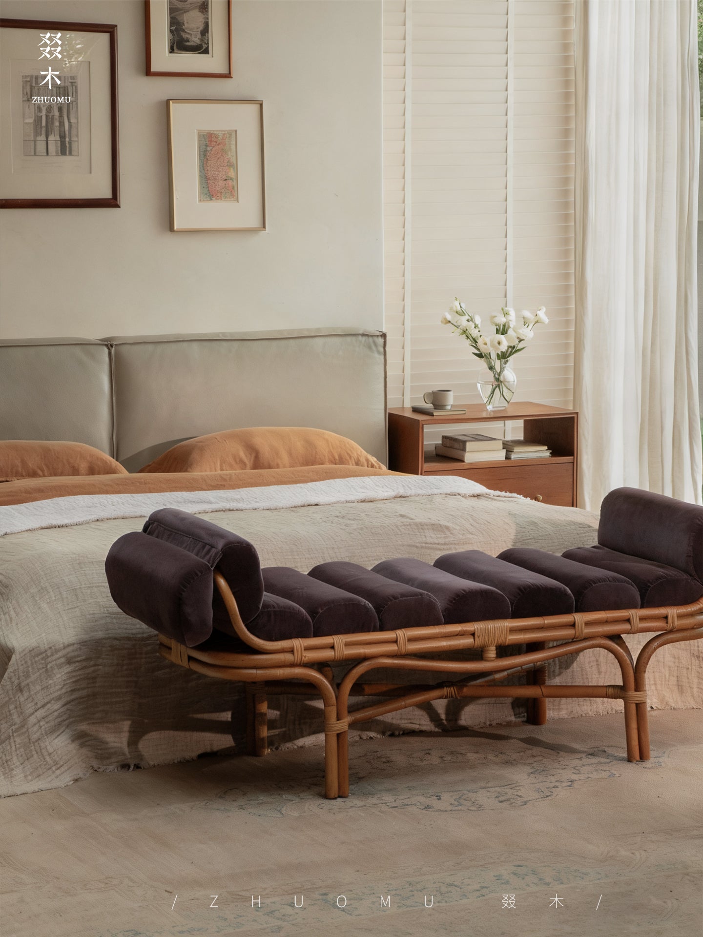 rattan daybed, rattan lounge bench, handwoven rattan furniture, bamboo daybed, double rattan chaise, artisan rattan furniture, natural rattan decor, wabi-sabi furniture, boho rattan bench