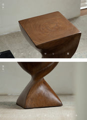 wood pedestal table, solid wood plant stand, sculptural wood side table, twist wooden table, handmade wood decor, rustic accent furniture, modern wood pedestal, artisan carved furniture, natural wood display stand