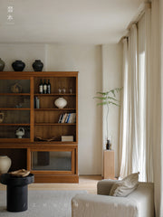 handcrafted wood cabinet, solid wood bookshelf, glass door cabinet, sliding wood cabinet, natural wood furniture, artisan wood furniture, minimalist storage cabinet, wabi-sabi furniture, boho wood shelf