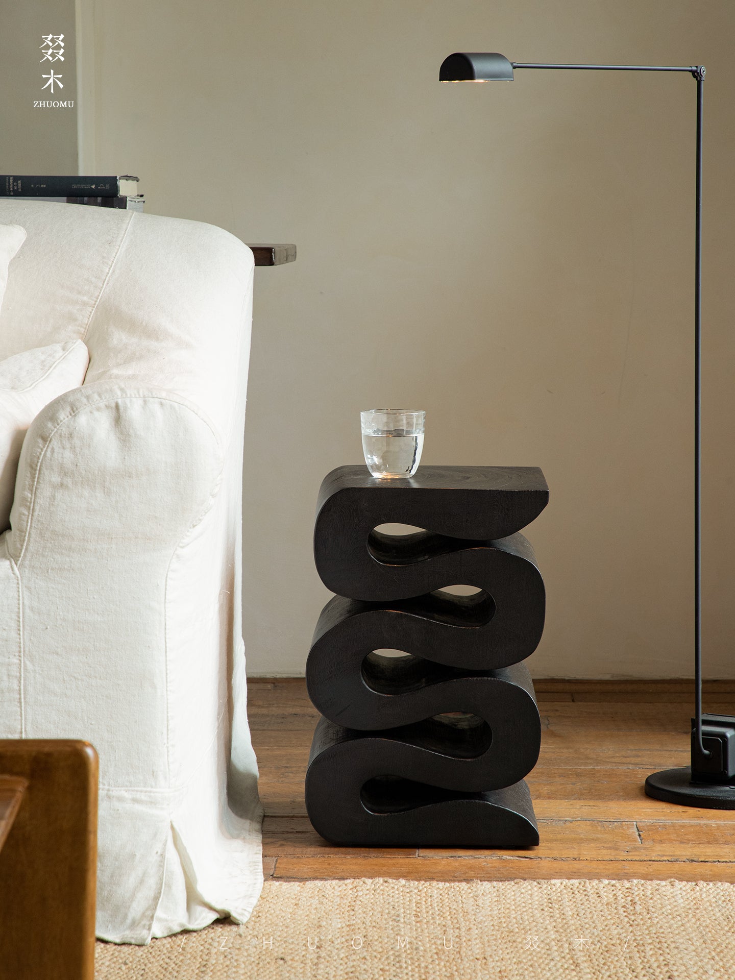 waveform side table, sculptural wooden table, solid wood furniture, organic design, hand-carved table, wabi sabi decor, carbon black furniture, minimalist wood stool, piexlculpt studio