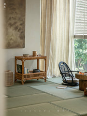 rattan console table, rattan side table, double tier rattan shelf, handwoven rattan furniture, natural rattan table, bohemian console, wabi-sabi decor, handmade rattan console, bamboo rattan furniture,