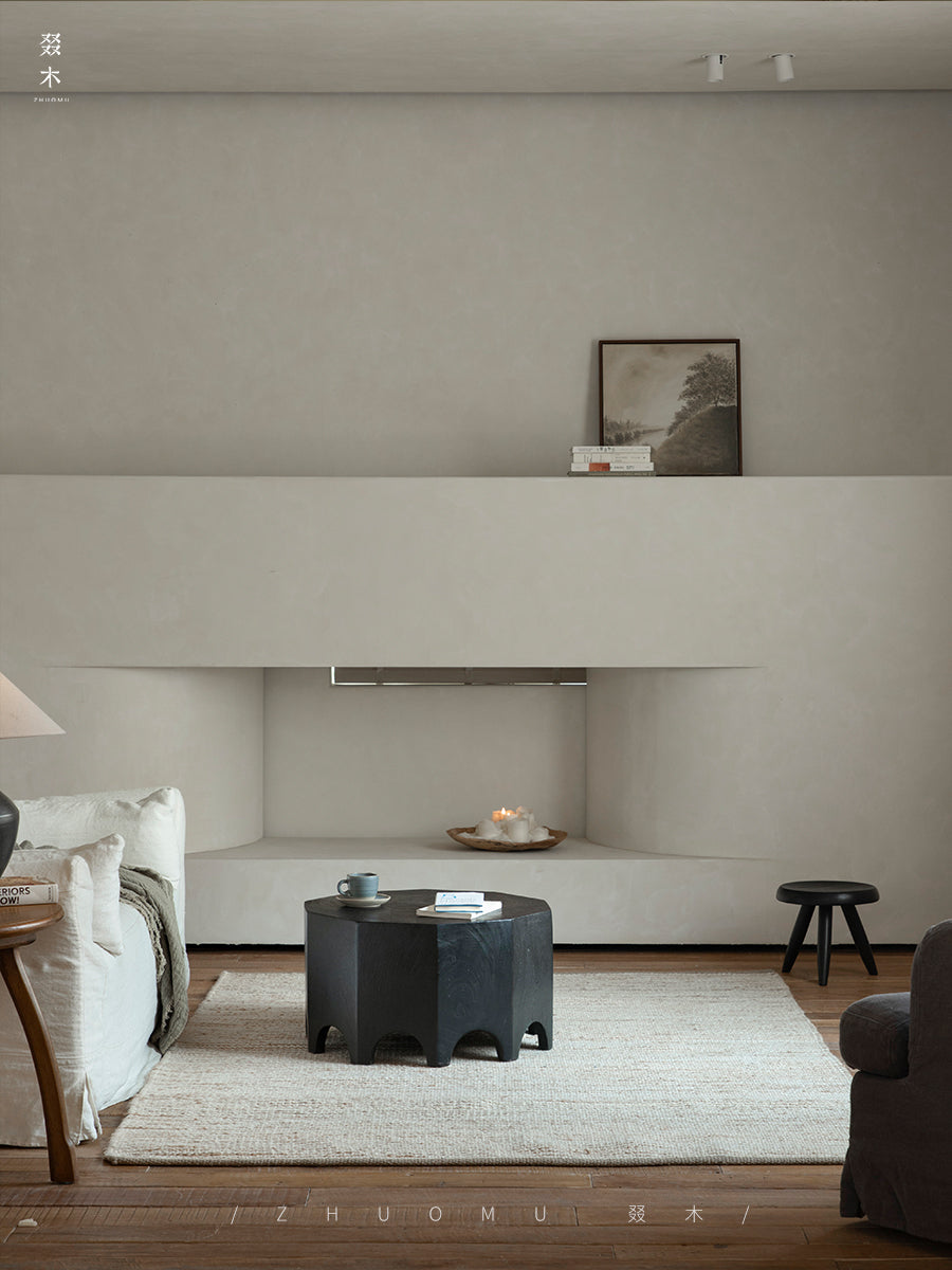 solid wood side table, handcrafted accent table, octagon round table, natural wood furniture, sculptural coffee table, wabi-sabi furniture, minimalist teak side table, artisan wooden table, japanese scandi furniture