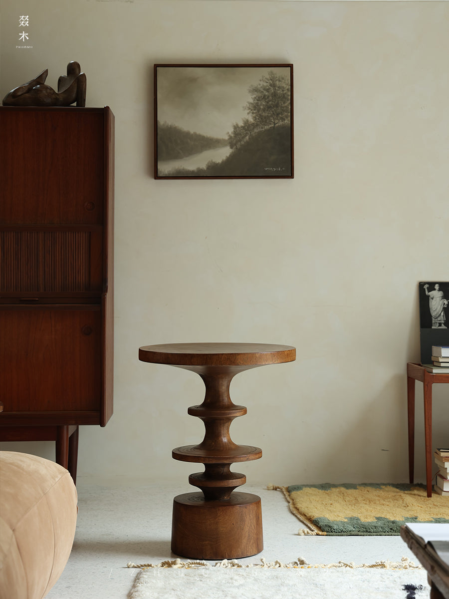 spira side table, sculptural wood table, solid wood end table, organic furniture, handcrafted furniture, piexlculpt studio, wabi sabi furniture, wooden accent table, natural wood sculpture table, designer side table