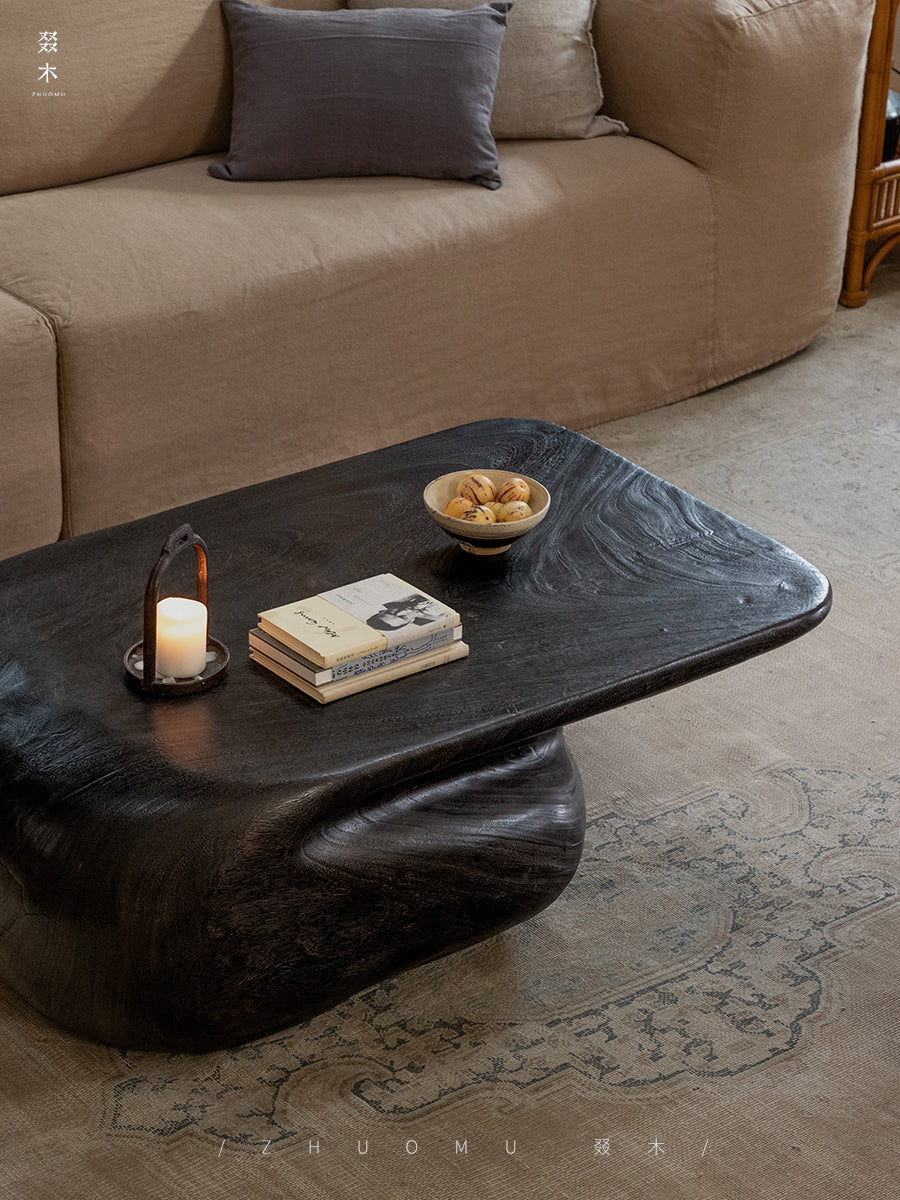 wood coffee table, sculptural wood furniture, solid wood center table, organic form coffee table, handmade wooden table, rustic artisan furniture, modern natural decor, carved wood centerpiece, solid wood art furniture