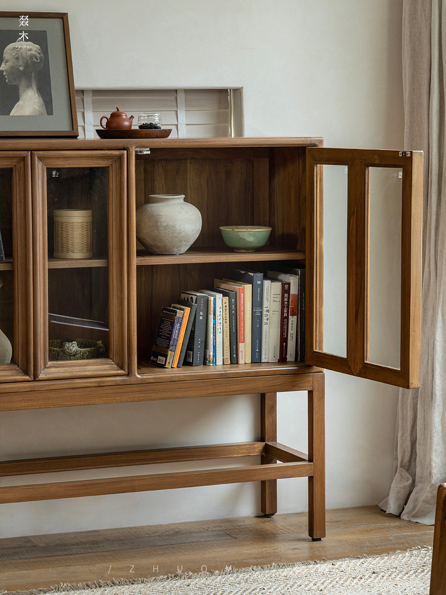 teak glass cabinet, high-leg display cabinet, solid wood showcase, handcrafted teak furniture, artisan wood cabinet, minimalist glass cabinet, wabi-sabi furniture, vintage teak display case, japanese scandi teak