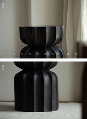 wood side table, solid wood accent table, carved wooden end table, handmade wood furniture, rustic wood nightstand, natural wood decor, modern artisan furniture, wooden pedestal table