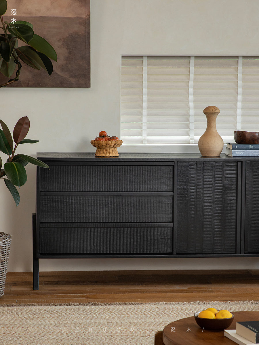 black wood furniture, carbonized sideboard, wabi sabi cabinet, handcrafted credenza, modern black buffet, carbonized teak, minimalist furniture, piexlculpt