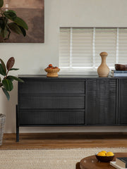 black wood furniture, carbonized sideboard, wabi sabi cabinet, handcrafted credenza, modern black buffet, carbonized teak, minimalist furniture, piexlculpt