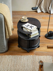 rattan tea table, rattan side table, rolling rattan cart, handwoven rattan furniture, vintage bamboo cart, natural rattan storage, bohemian furniture, artisan rattan table, living room tea cart, Japanese style rattan table