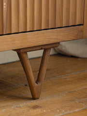 fluted wood cabinet, teak sideboard, handcrafted teak furniture, solid wood buffet, vertical groove cabinet, minimalist teak furniture, artisan wood furniture, wabi-sabi cabinet, boho teak sideboard, japanese scandi furniture