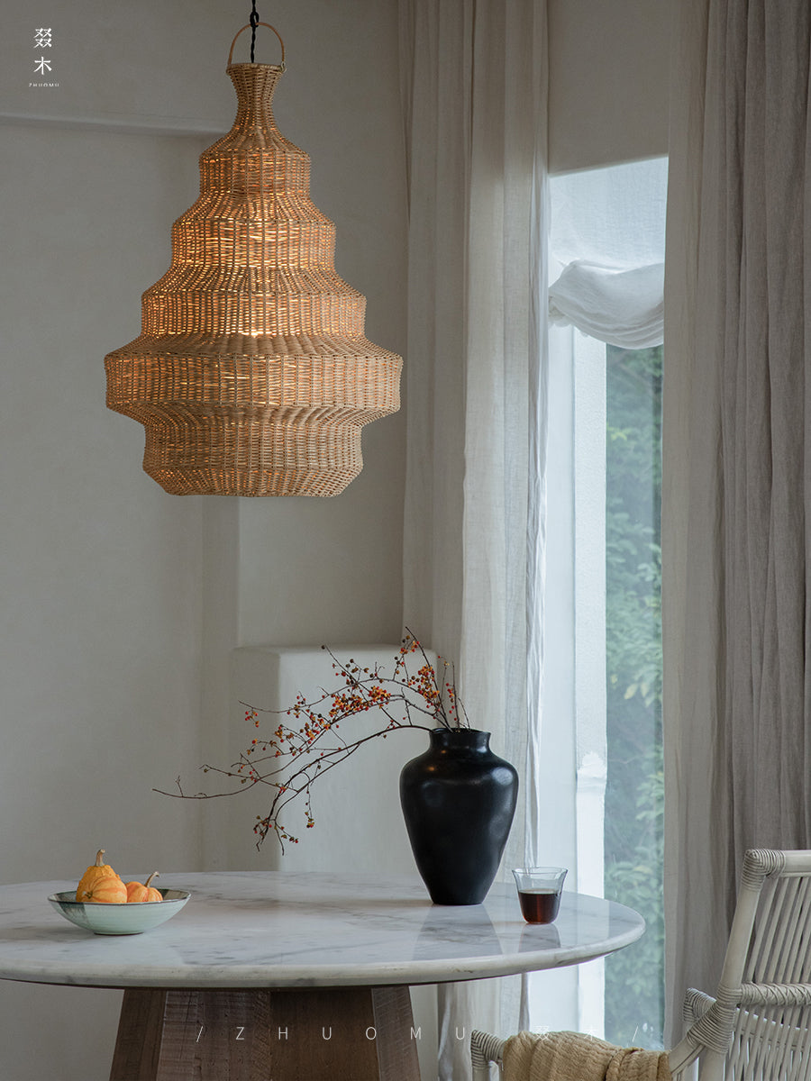 rattan floor lamp, handwoven rattan light, sculptural rattan lamp, pagoda floor lamp, bamboo lighting, natural rattan decor, artisan rattan lamp, southeast asian furniture, wabi-sabi lamp