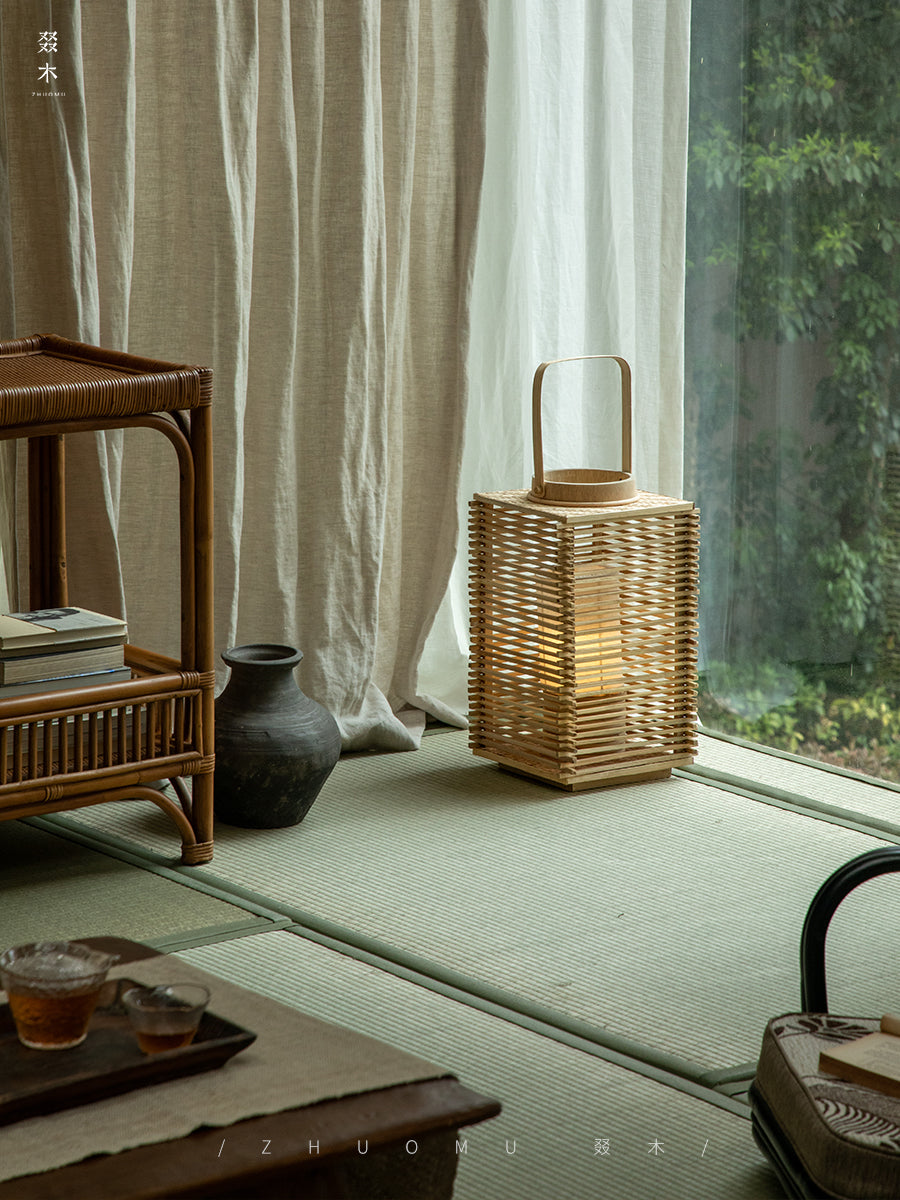 rattan lantern, wooden base lamp, handcrafted rattan light, wabi-sabi decor, natural rattan lighting, ambient table lamp, handmade home decor, rustic lantern, boho room lighting,