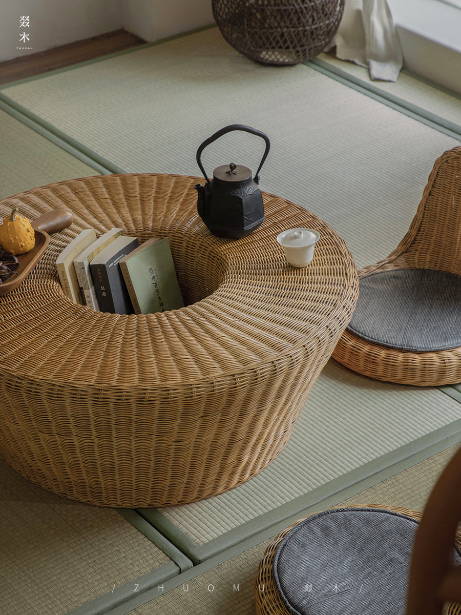 rattan tea set, rattan table and chairs, handwoven rattan furniture, round rattan table, bamboo tea table set, natural rattan decor, japanese tatami furniture, boho rattan furniture, artisan rattan set