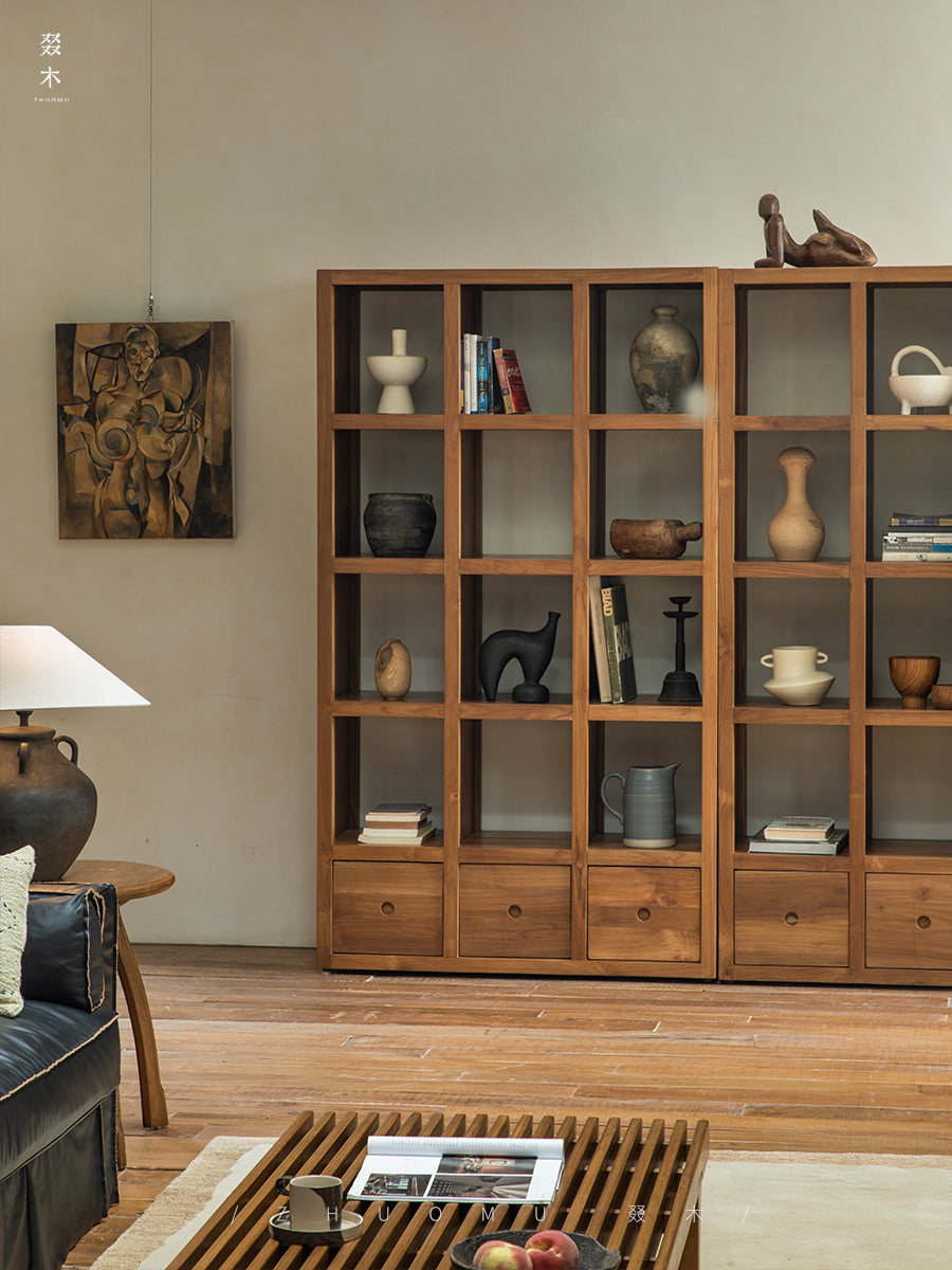 teak display cabinet, solid wood bookshelf, handcrafted teak furniture, natural wood display shelf, artisan wood cabinet, minimalist bookshelf, wabi-sabi furniture, boho wood decor, sustainable teak furniture