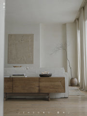 solid wood TV console, handcrafted media cabinet, minimalist TV stand, reclaimed wood furniture, artisan TV unit, japanese scandi furniture, wabi-sabi console, modern wood sideboard, low wood cabinet