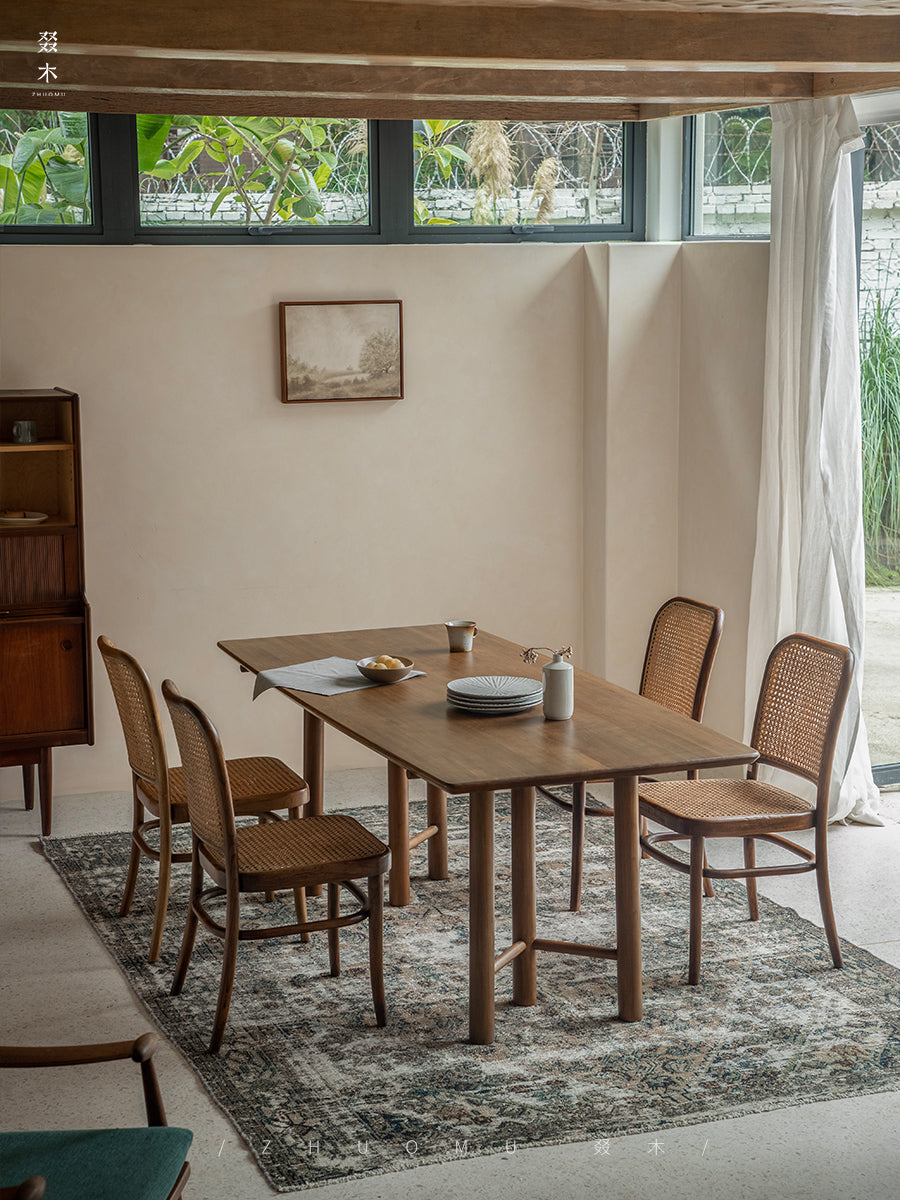 roku dining table, six leg dining table, sculptural wood table, solid wood work table, wabi sabi furniture, piexlculpt studio, japanese minimalist furniture, handcrafted oak table, solid wood rectangular table