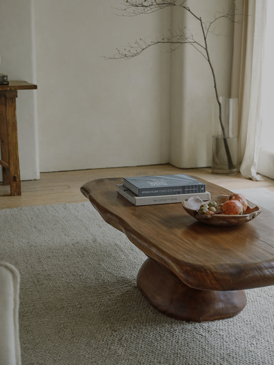 ryozen coffee table, solid wood tea table, zen furniture, wabi sabi coffee table, japanese minimalist furniture, handcrafted wooden table, piexlculpt studio, modern zen interior, natural oak table,