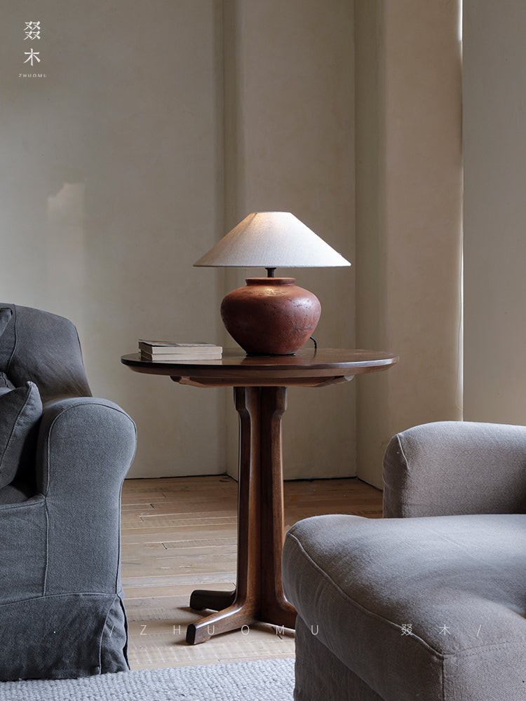 rin dining table, round wood table, japanese minimalist furniture, wabi sabi solid wood table, handcrafted round table, zen furniture, piexlculpt studio, natural walnut table, modern japanese decor, minimalist dining table