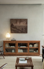 teak glass sideboard, sliding door cabinet, solid wood TV console, handcrafted teak furniture, minimalist teak buffet, artisan wood furniture, wabi-sabi furniture, boho teak cabinet, japanese scandi teak furniture