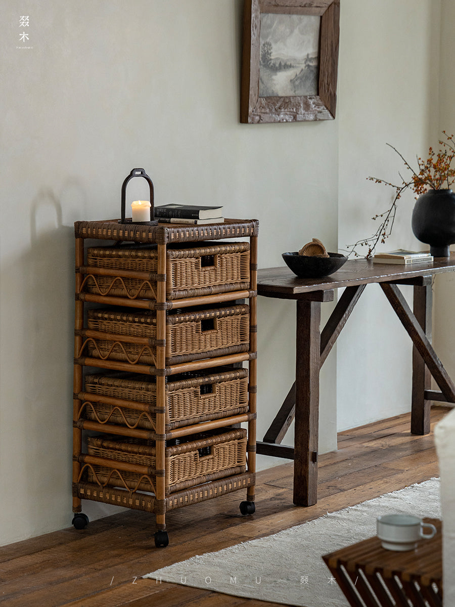 rattan trolley, rattan storage cart, handwoven rattan furniture, natural rattan shelf, bohemian home decor, rolling storage cart, handcrafted rattan organizer, rattan side cart