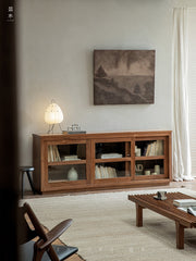 teak glass sideboard, sliding door cabinet, solid wood TV console, handcrafted teak furniture, minimalist teak buffet, artisan wood furniture, wabi-sabi furniture, boho teak cabinet, japanese scandi teak furniture