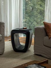 void side table, hollow wood stool, sculptural wood furniture, solid wood table, carbon black finish, minimalist furniture, wabi sabi design, piexlculpt studio, organic form furniture