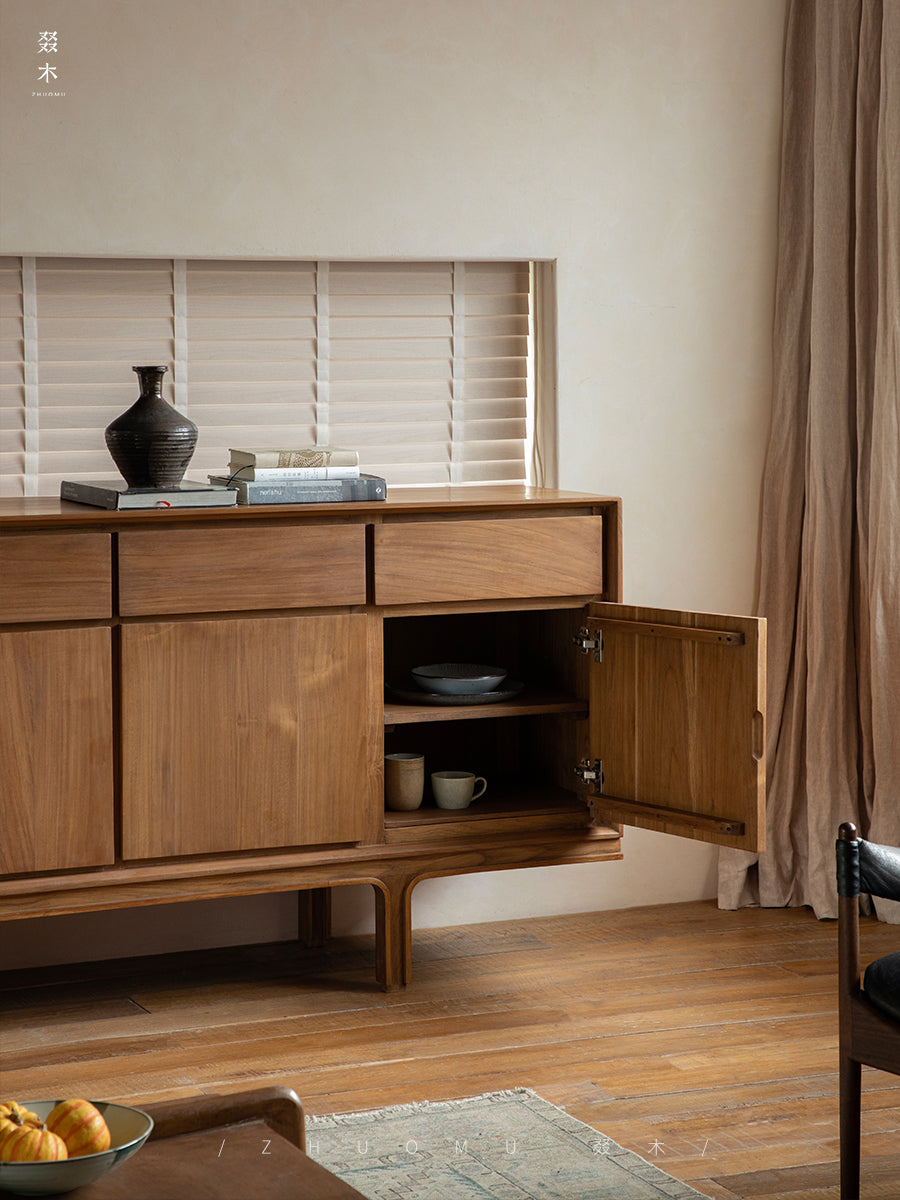 teak sideboard, solid wood cabinet, handcrafted buffet, four-door teak cabinet, minimalist wood furniture, artisan teak furniture, wabi-sabi sideboard, japanese scandi style furniture, handmade wood buffet