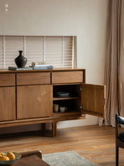 teak sideboard, solid wood cabinet, handcrafted buffet, four-door teak cabinet, minimalist wood furniture, artisan teak furniture, wabi-sabi sideboard, japanese scandi style furniture, handmade wood buffet