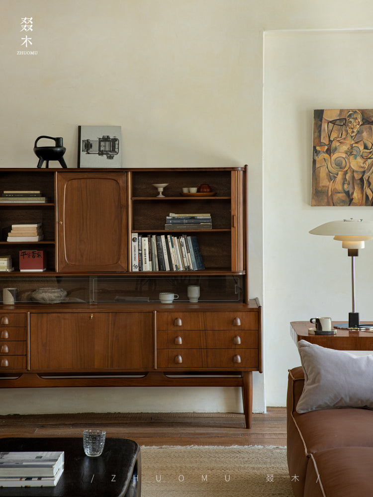 mid century teak sideboard, tambour door cabinet, solid wood credenza, handcrafted teak furniture, mcm buffet, designer teak cabinet, vintage teak sideboard, roll door wood cabinet, handmade solid wood furniture