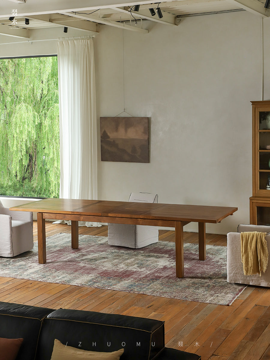 toki dining table, extendable wood table, solid teak furniture, japanese minimalist dining table, handcrafted extendable table, wabi sabi furniture, piexlculpt studio, teak long table, zen furniture, extendable conference table