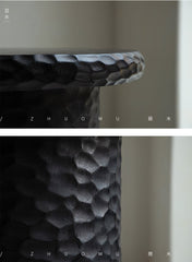 wood side table, solid wood accent table, hammered wood table, handmade wooden furniture, sculptural side table, rustic solid wood furniture, artisan carved table, textured wood decor, natural wood end table