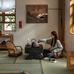 rattan floor chair, tatami chair, rattan swivel chair, handwoven rattan furniture, Japanese floor chair, bohemian interior, tea room seating, handcrafted rattan seat