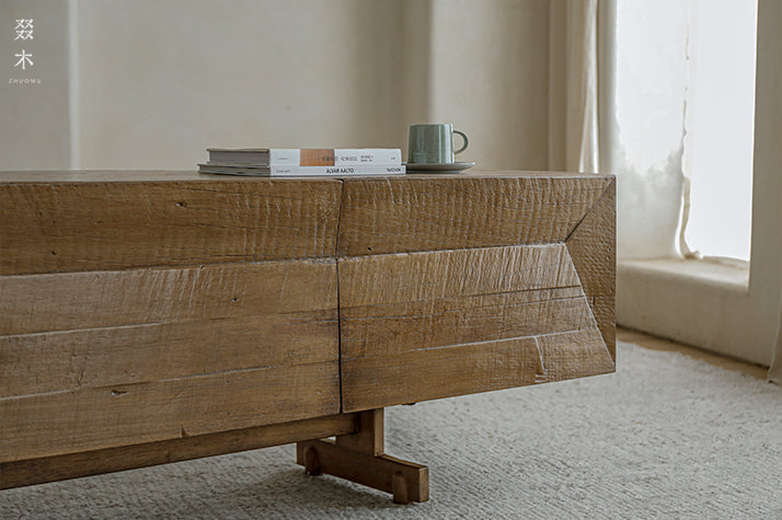 solid wood TV console, handcrafted media cabinet, minimalist TV stand, reclaimed wood furniture, artisan TV unit, japanese scandi furniture, wabi-sabi console, modern wood sideboard, low wood cabinet