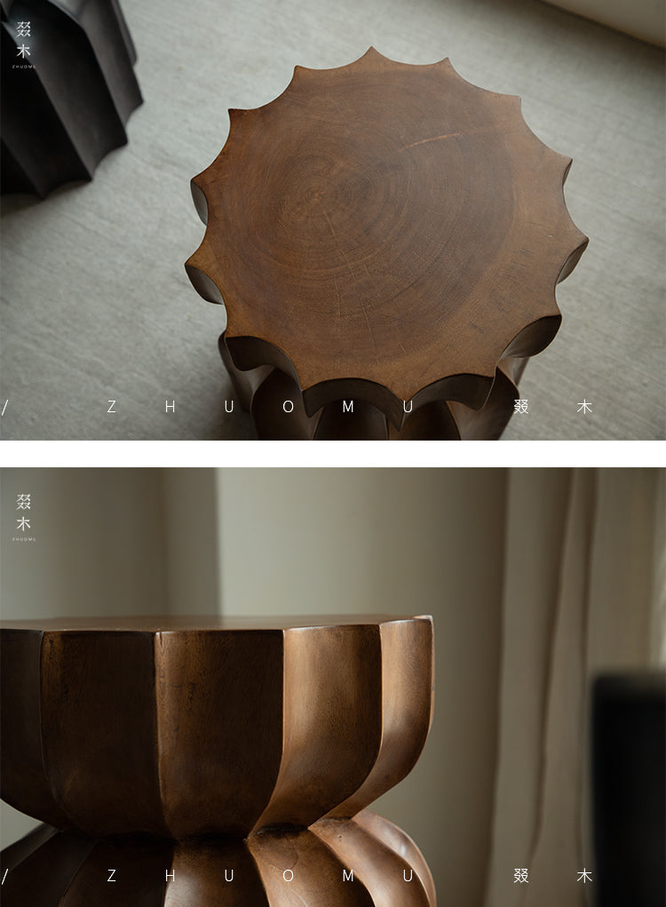 wood side table, solid wood accent table, carved wooden end table, handmade wood furniture, rustic wood nightstand, natural wood decor, modern artisan furniture, wooden pedestal table