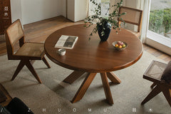 nami dining table, round teak table, solid wood table, wabi sabi furniture, japanese minimalist dining table, handcrafted round table, piexlculpt studio, zen furniture, french vintage design, teak dining table