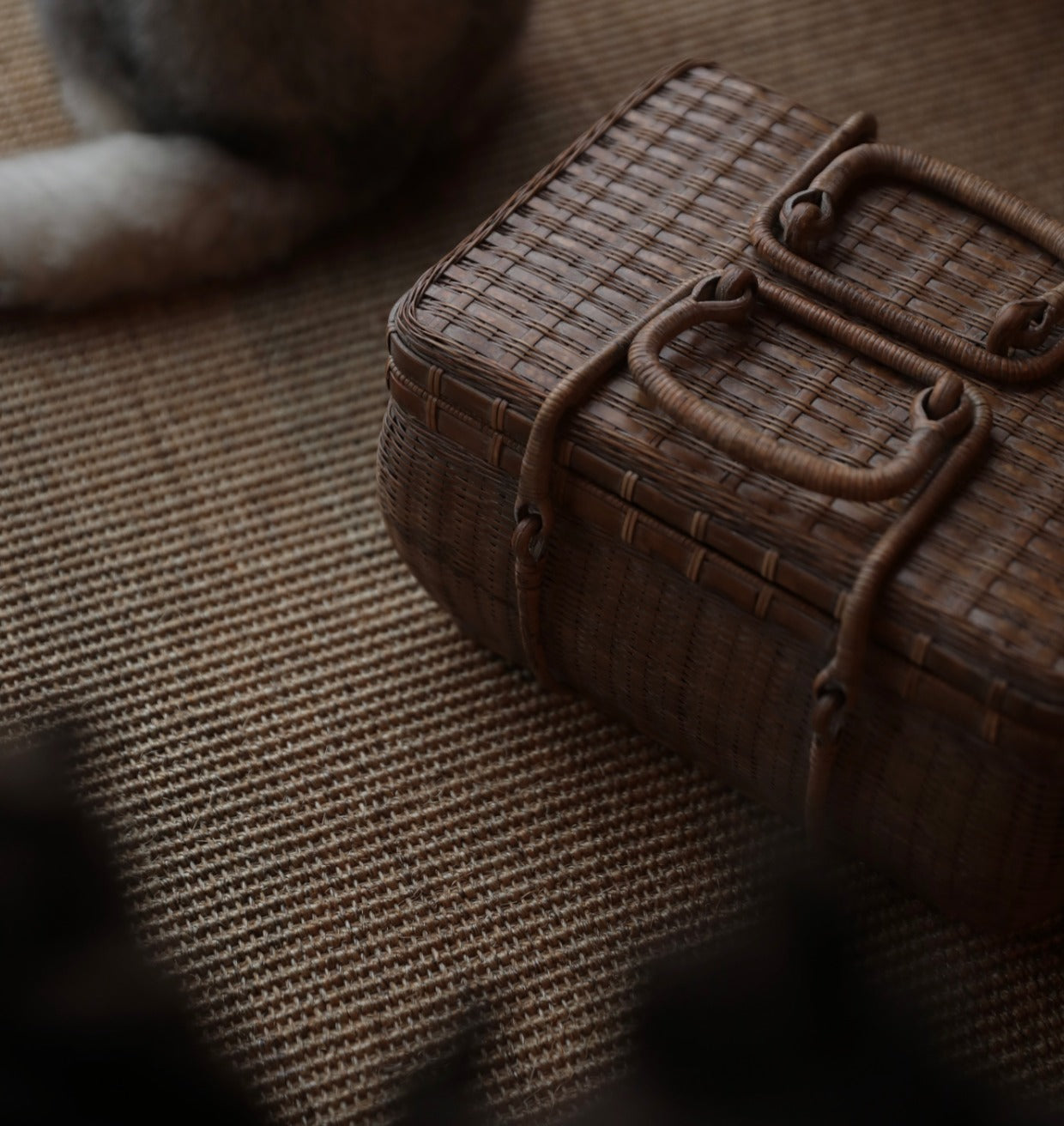 bamboo tea chest, portable tea box, outdoor tea storage, handwoven bamboo case, tea accessory organizer, bamboo picnic chest, oriental tea set box, handcrafted bamboo chest, Piexlculpt tea storage