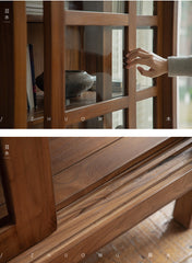 teak glass cabinet, solid wood display shelf, handcrafted teak furniture, glass door cabinet, artisan teak bookcase, minimalist wood furniture, wabi-sabi cabinet, boho wood storage, japanese scandi furniture