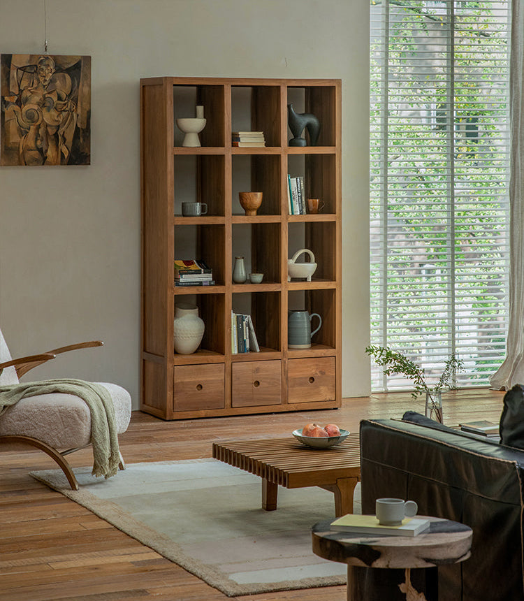 teak display cabinet, solid wood bookshelf, handcrafted teak furniture, natural wood display shelf, artisan wood cabinet, minimalist bookshelf, wabi-sabi furniture, boho wood decor, sustainable teak furniture