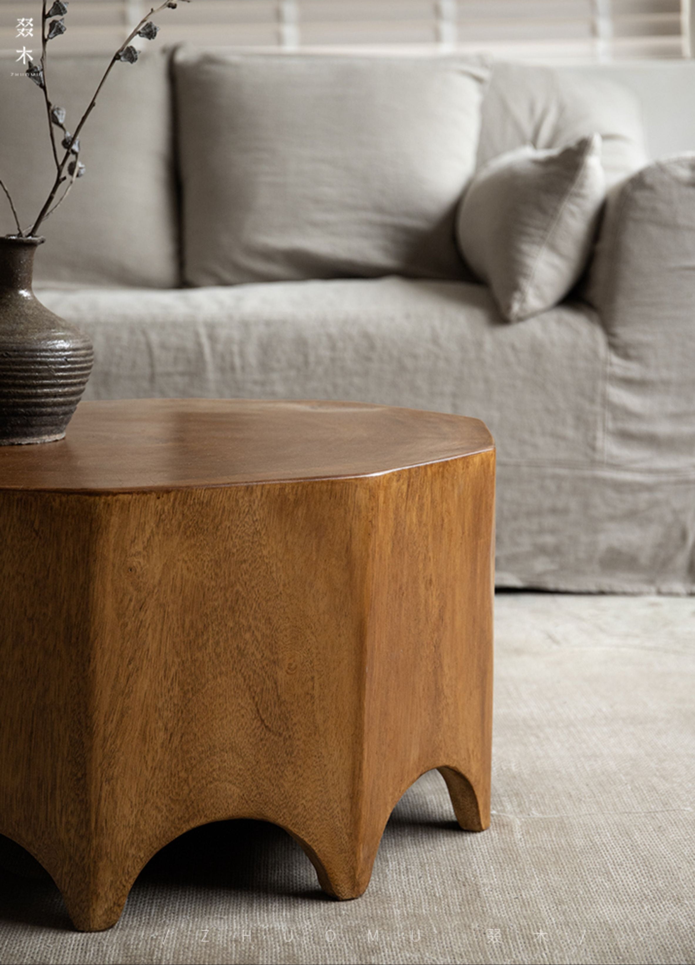 solid wood side table, handcrafted accent table, octagon round table, natural wood furniture, sculptural coffee table, wabi-sabi furniture, minimalist teak side table, artisan wooden table, japanese scandi furniture