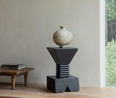 kuro sculpture table, charred wood pedestal, wabi sabi furniture, japanese minimalist decor, handcrafted wood art stand, zen display table, piexlculpt studio, black solid wood table, carbonized wood furniture