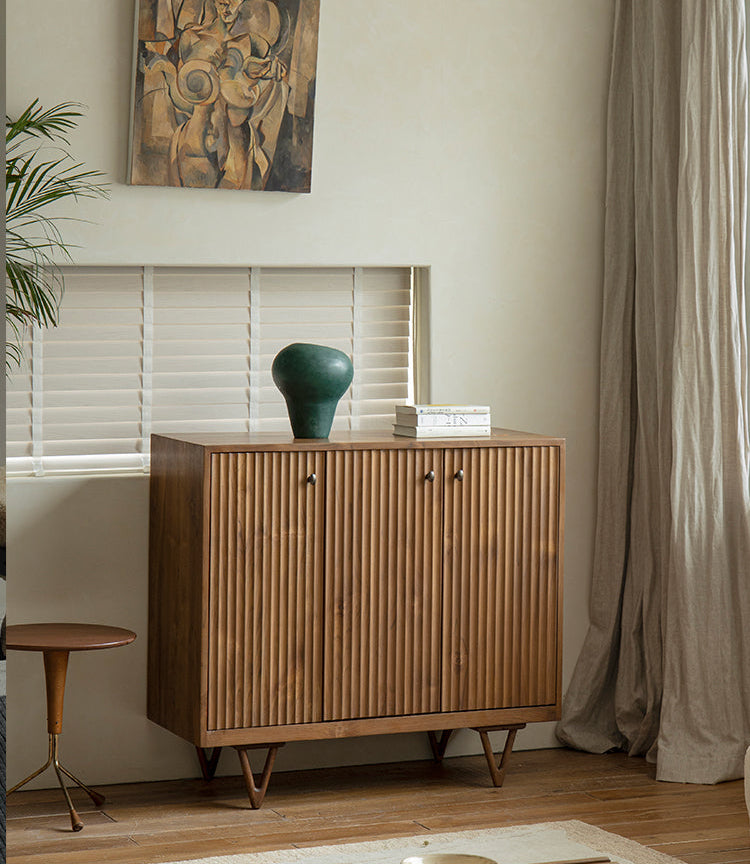 fluted wood cabinet, teak sideboard, handcrafted teak furniture, solid wood buffet, vertical groove cabinet, minimalist teak furniture, artisan wood furniture, wabi-sabi cabinet, boho teak sideboard, japanese scandi furniture