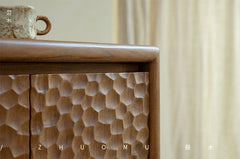 ripple wood cabinet, teak sideboard, solid wood buffet, handcrafted teak furniture, textured wood cabinet, artisan carved sideboard, wabi-sabi furniture, boho wood furniture, japanese scandi teak, handmade wooden buffet