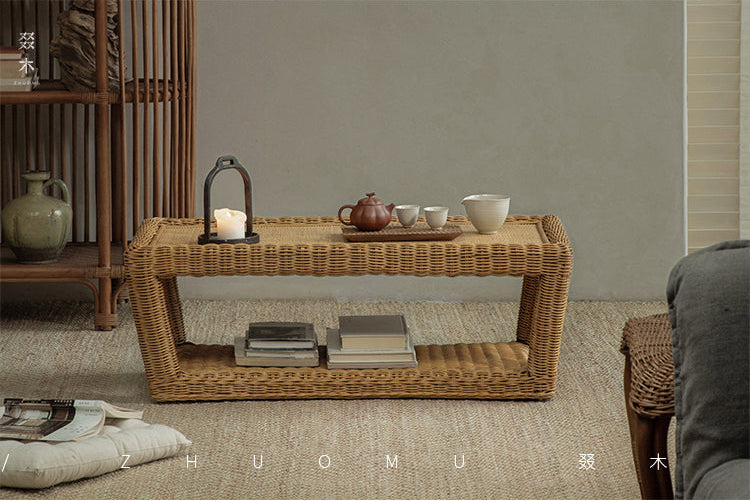 rattan coffee table, rattan tea table, handwoven rattan furniture, bamboo table, natural rattan decor, double layer coffee table, japanese wabi-sabi furniture, handcrafted rattan table, boho living room decor